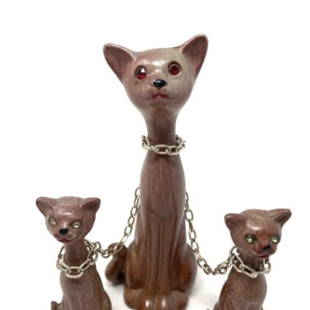 Vintage MCM Cat Family Figurines – Mother & 2 Kittens with Rhinestone Eyes - Picture 3 of 7
